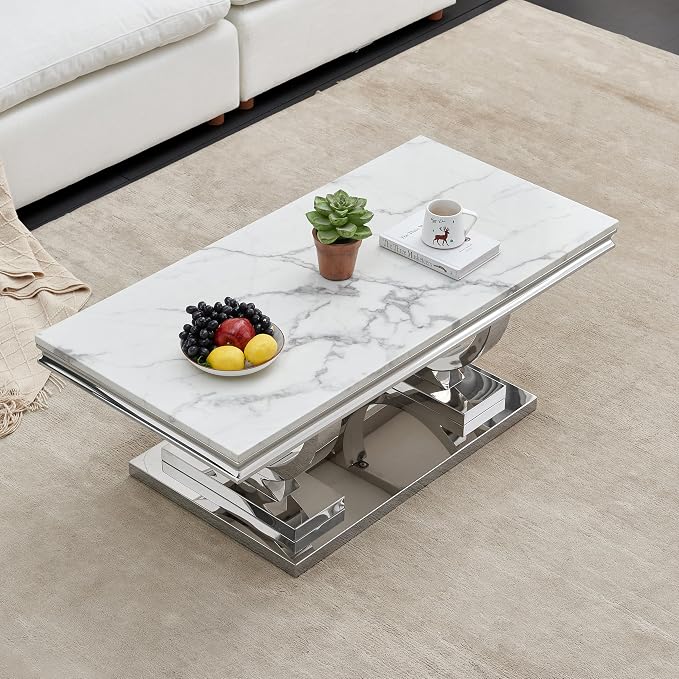 Henf 47" Marble Coffee Table Modern White Faux Marble Center Table - Image 3