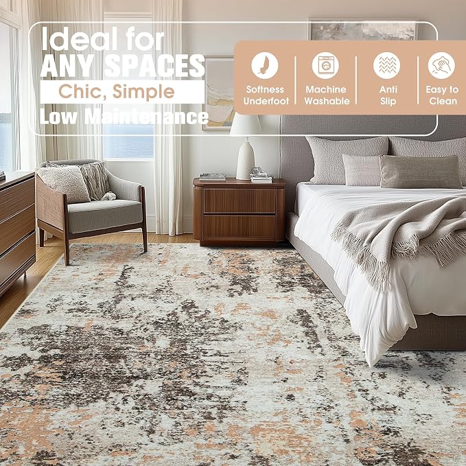 9x12 Area Rugs for Living Room Washable Bedroom Dining Room Brown Beige | - Image 7
