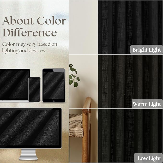 Black Pinch Pleated Linen Semi Sheer 90 Inch Curtains 2 Panels | Light Filtering - Image 4