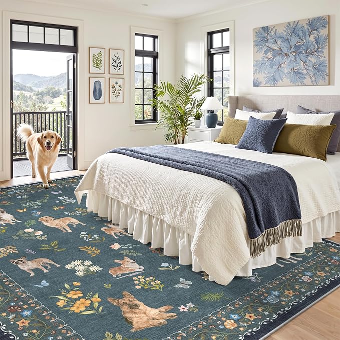 Soalmost Dog 8x10 Area Rugs for Living Room, Washable Soft Rug Navy Blue | - Image 4