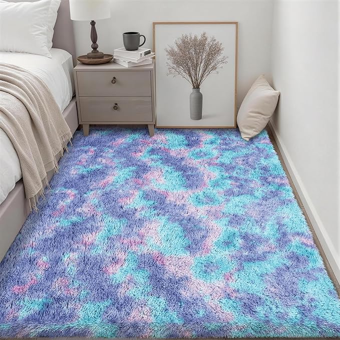 Area Rug Living Room Bedroom: 4x6 Fluffy Plush Shag Carpet Rainbow | - Image 3