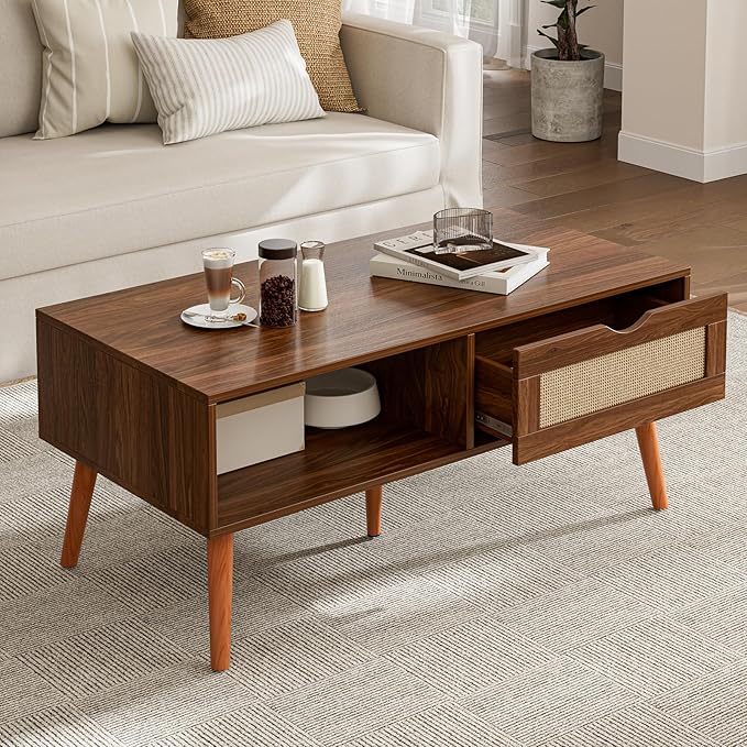 ZttRiee Coffee Table with Storage, Boho Dining Table with Rattan Drawer and by ZttRiee