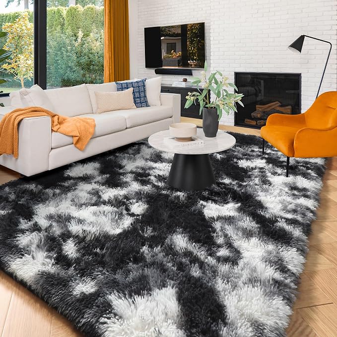 Amdrebio Black White Grey Large Fur Rug 8x10 - Image 4