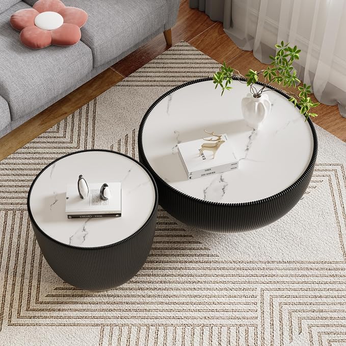 SSLine Bowl-Shape Coffee Table Set of 2 Modern Sintered Stone Top Nesting - Image 3