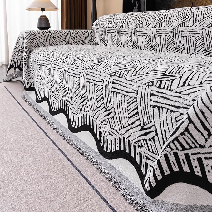 VClife Boho Couch Cover, Abstract White and Black Line Geometric Jacquard Couch - Image 4