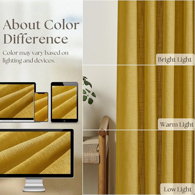 Mustard Yellow Pleated Semi Sheer Linen Curtains 102 Inches Long 2 Panel | - Image 4