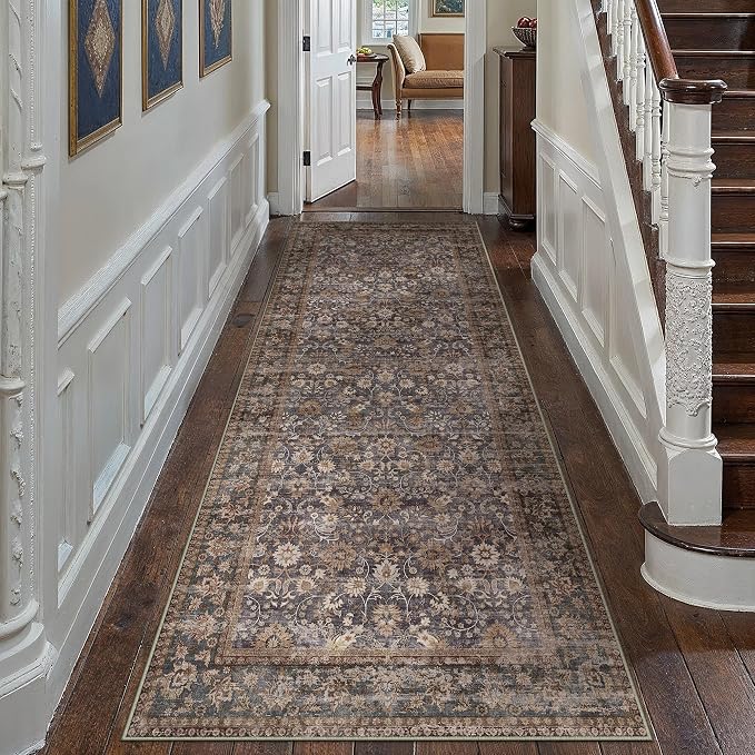 3x8 Brown Blue Vintage Floral Washable Runner Rug - Image 3