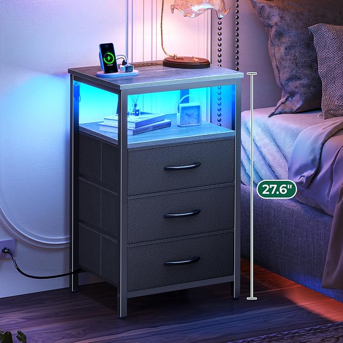 Huuger Night Stand with Charger Station and LED Lights, 3 Drawer Nightstand - Image 4