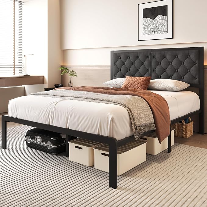 Fluest Queen Bed Frame with Headboard Linen Upholstered Bed Frame Platform - Image 3