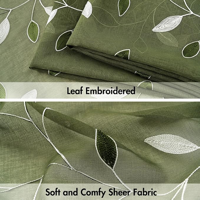 MIULEE Olive Green Sheer Curtains 2 Panels Leaf Patterned, W52 x L84 | - Image 4