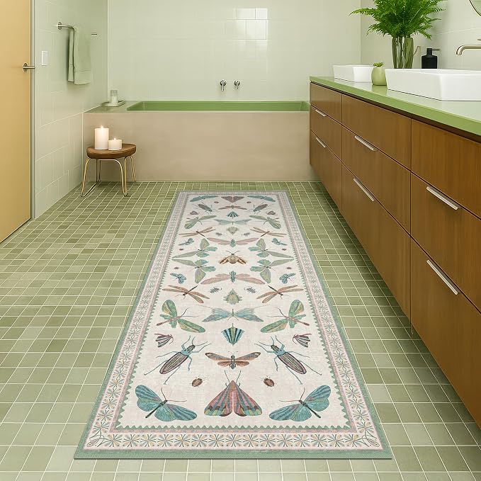 Washable Non Slip Bathroom Runner Rug 2x5, Insect Boho Bath Mat, Stain - Image 8