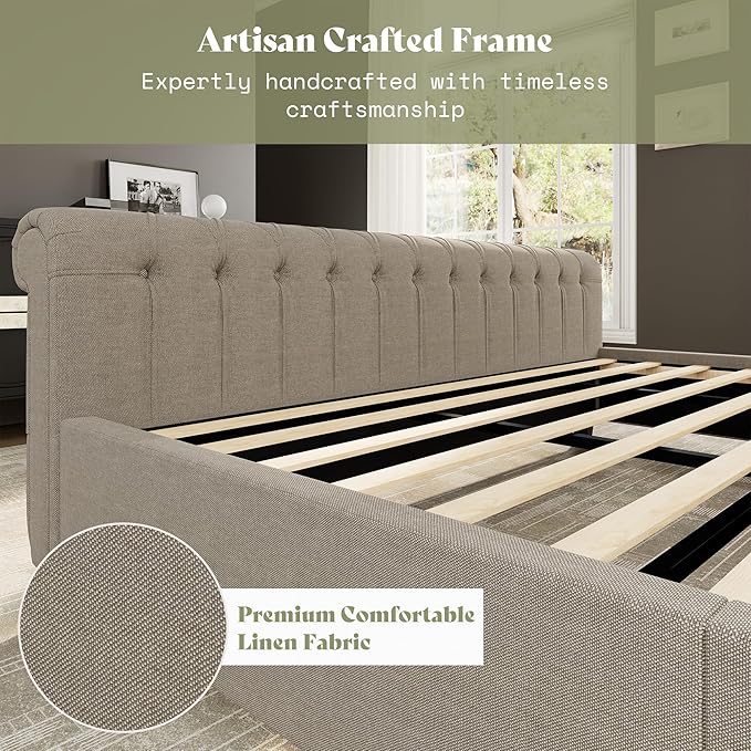 AMERLIFE California King Size Platform Bed Frame, Linen Upholstered Sleigh Bed - Image 5