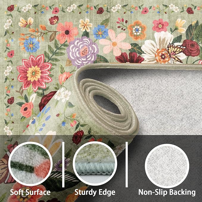 Green Floral Area Rug 3x5 for Bedroom Entryway | Ultra-Thin Non Slip Machine - Image 5