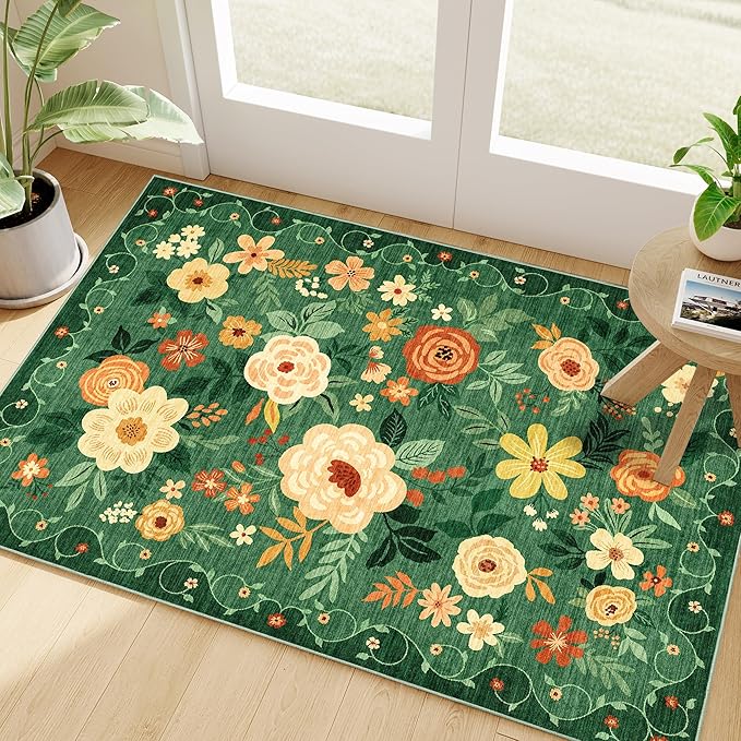 DUKINO 2x3 Entryway Rug, Door Mat Soft Washable Rug Non Slip, Dark Green | Low by DUKINO