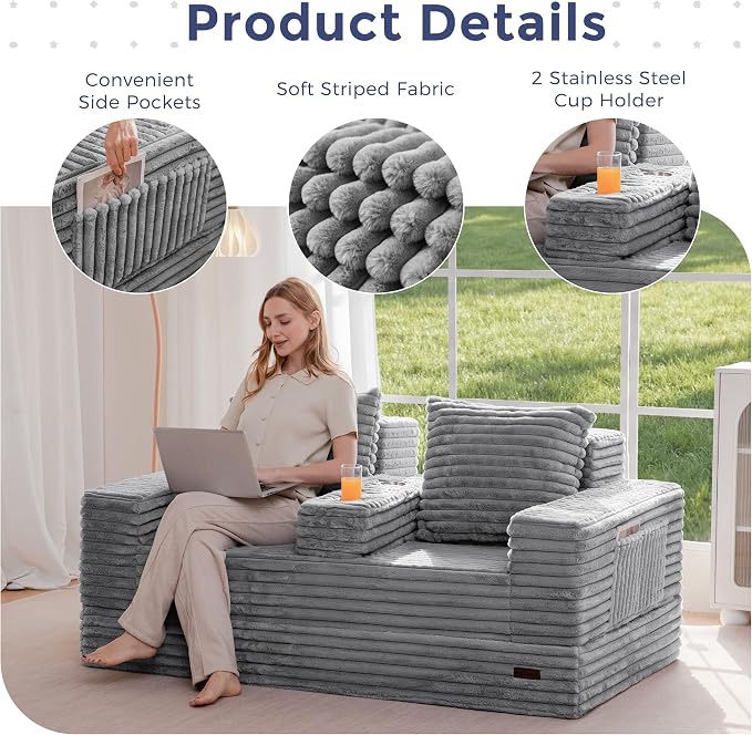 MAXYOYO Loveseat Sofa Bed, Striped Faux Fur Foldable Floor Sofa Couch in A Box - Image 7