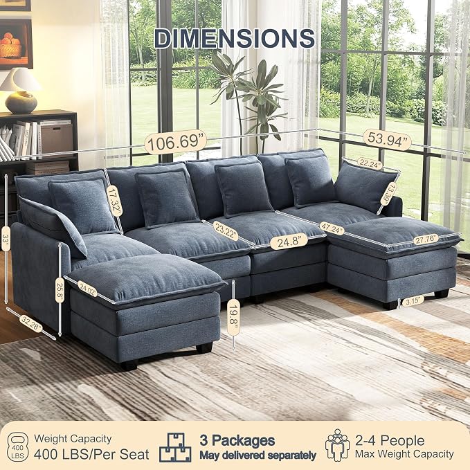 107" Cloud Couch Sectional, U Shaped Modular Sectional Sofa, 4-Seat Deep Seat - Image 3