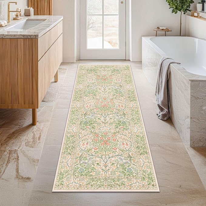 Non Slip Beige Green Bathroom Runner Rug by HazoHaus
