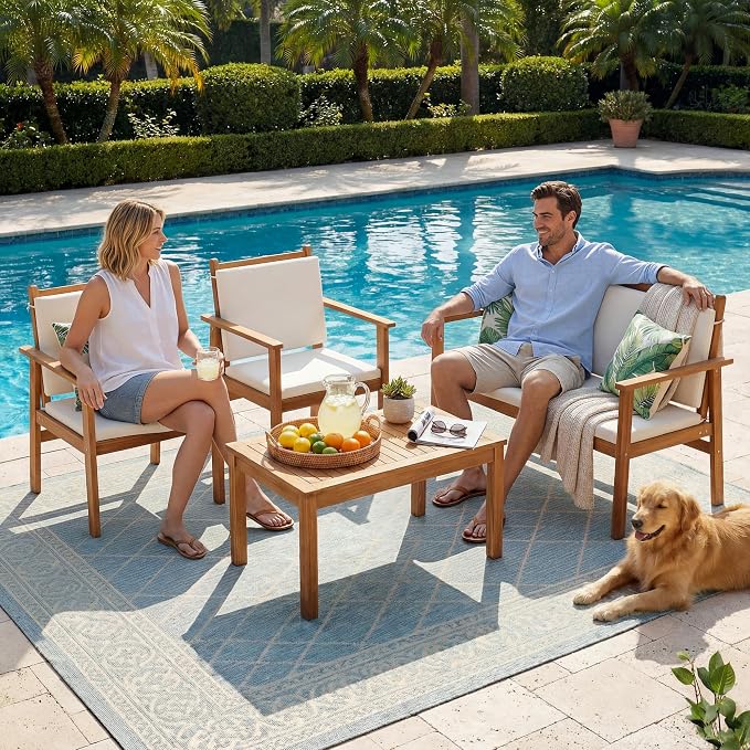 Devoko Patio Furniture 4 Piece Acacia Wood Outdoor Conversation Sofa Set - Image 5