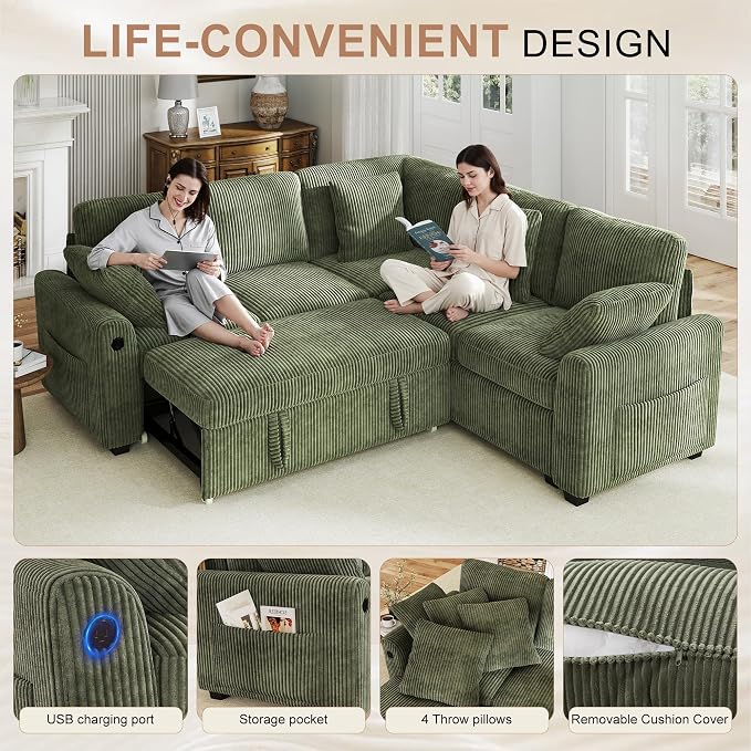 Hanherry Sectional Couch with Pull Out Sofa Bed, Corduroy Sleeper Sofa with 2 - Image 4