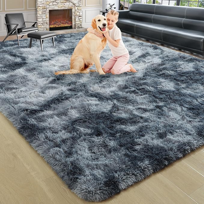 4x6 Tie-Dyed Blue and Grey Fluffy Soft Area Rug Non-Slip - Image 9