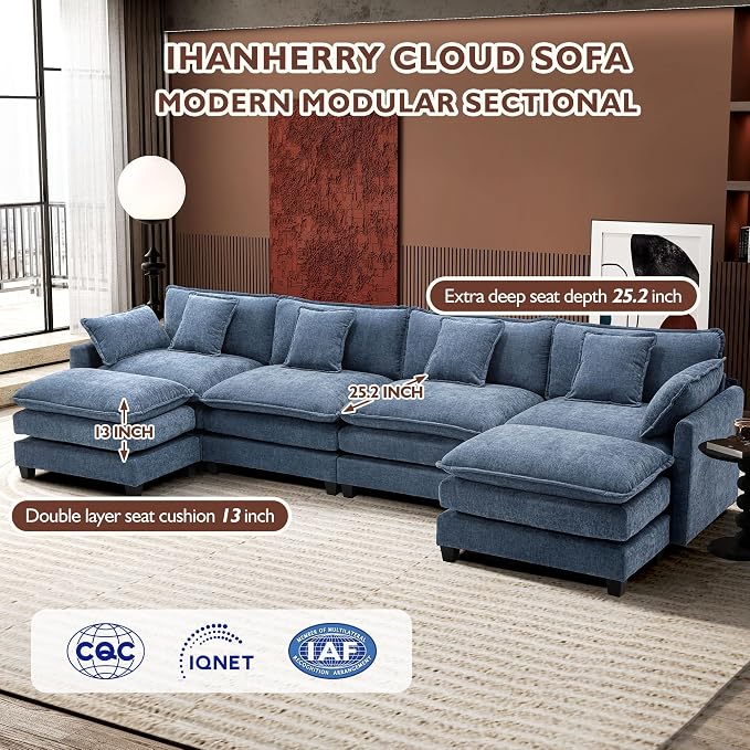 Ihanherry 146" U-Shaped Modern Sofa Modular Sectional Cloud Couch - Image 3