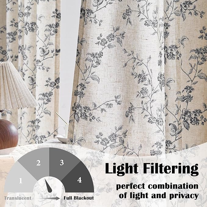 Black Vintage Floral Linen Curtains Farmhouse 38W X 84L 2 Panels | Elisa Series - Image 2
