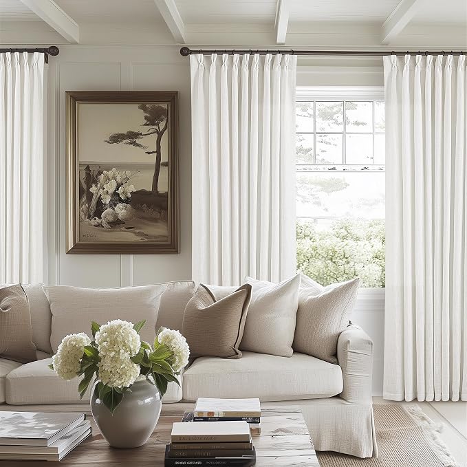 Beige White Pinch Pleated Linen 102 Inch Curtains 60 Inch Width | Linen Blend - Image 7