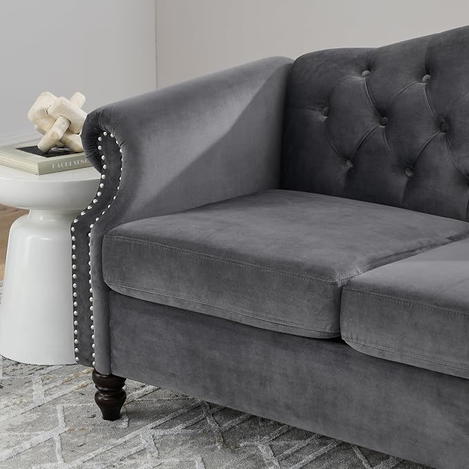 57" Chesterfield Grey Velvet 2-Seater Sofa - Image 8