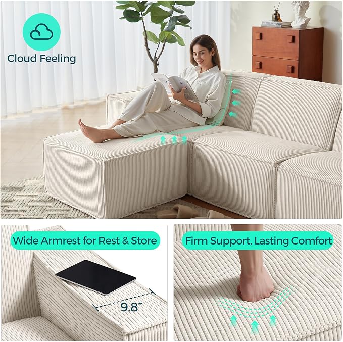 LINSY HOME Modular Sectional Sofa, Corduroy Sectional Cloud Couches - Image 3