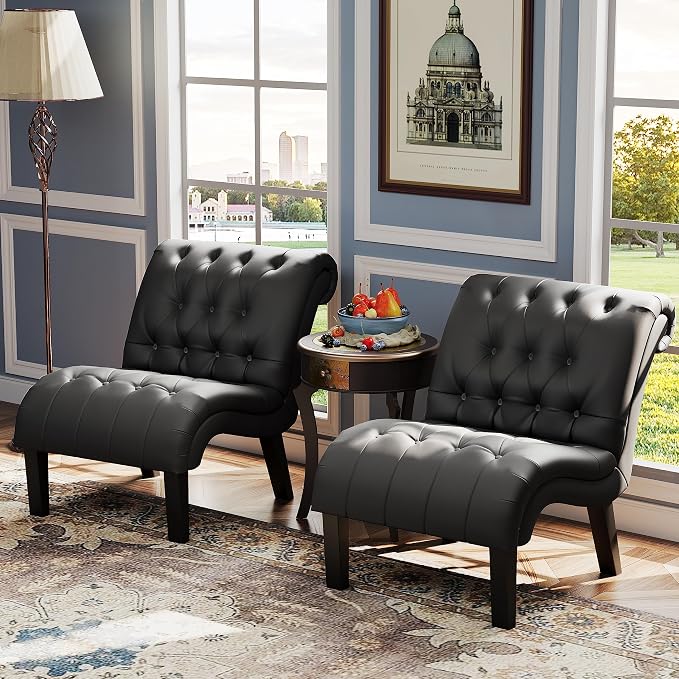 PU Leather Accent Chairs Set of 2 Button Tufted Upholstered Modern Armless - Image 4