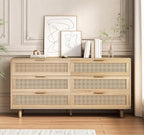 6 Drawer Double Dresser for Bedroom, Natural Rattan Modern Drawer Chest by Fsbecl