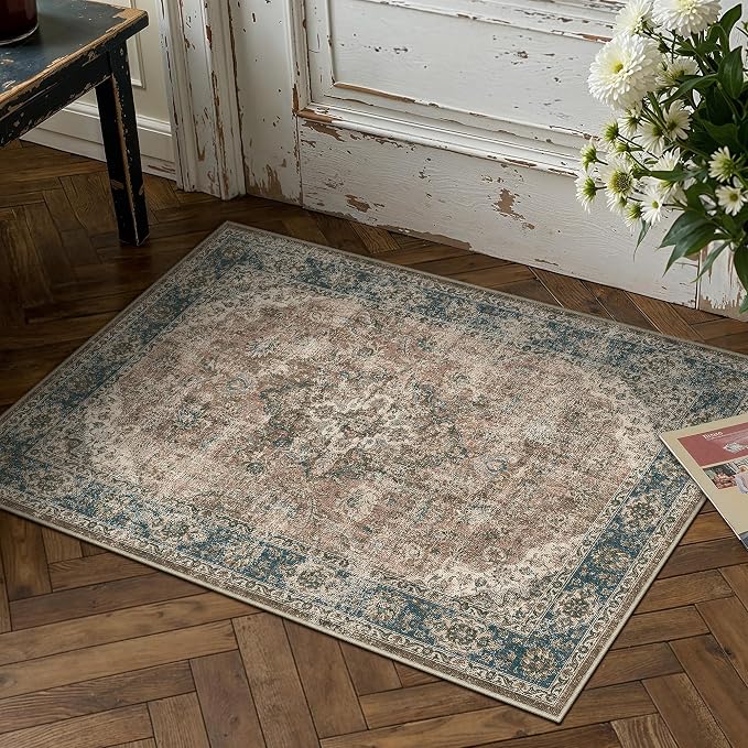 2x3 Blue Brown Retro Floral Washable Area Rug - Image 2