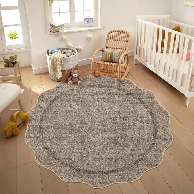 GarveeHome Scalloped Round Washable Rug, Soft Modern Round Rugs 5ft, Taupe | - Image 6