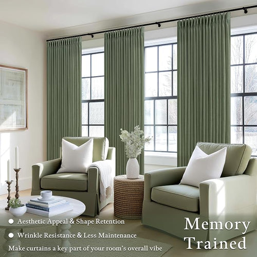 102 Inch Green Linen Blend Semi Sheer Pinch Pleat Memory Shape Curtains 50W | - Image 2