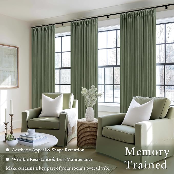 Green Pinch Pleated Linen Light Filter Memory Shape Curtains 90 Inch Long | - Image 2