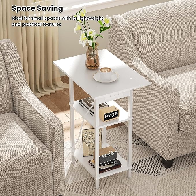 Asgolion Tall Side Table with Charging Station, Skinny End Table Nightstand - Image 4