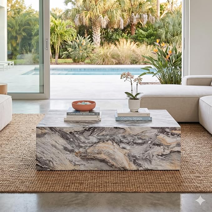 Coffee Table, Modern Faux Marble Living Room Table in Grey - Image 9