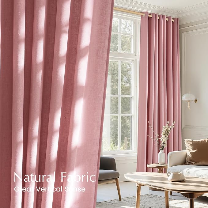 NICETOWN Linen Pink Curtains for Girls Room, Grommet Thick Flax Semi Sheer - Image 4