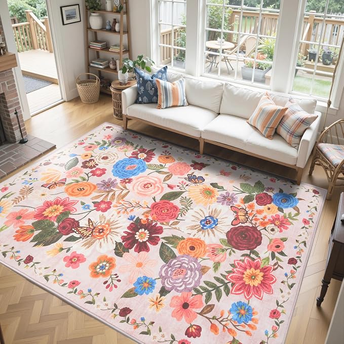 Blush Area Rug 5x7 for Bedroom Living Room | Ultra-Thin;Boho Style;Low Pile;Non - Image 7