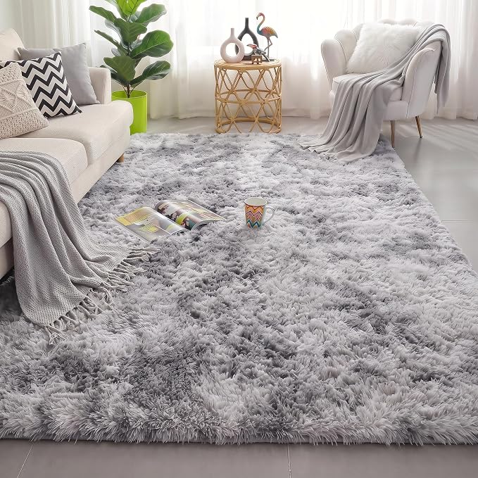 Amdrebio Tie-Dyed Light Grey Fluffy Area Rug 4x6 - Image 5