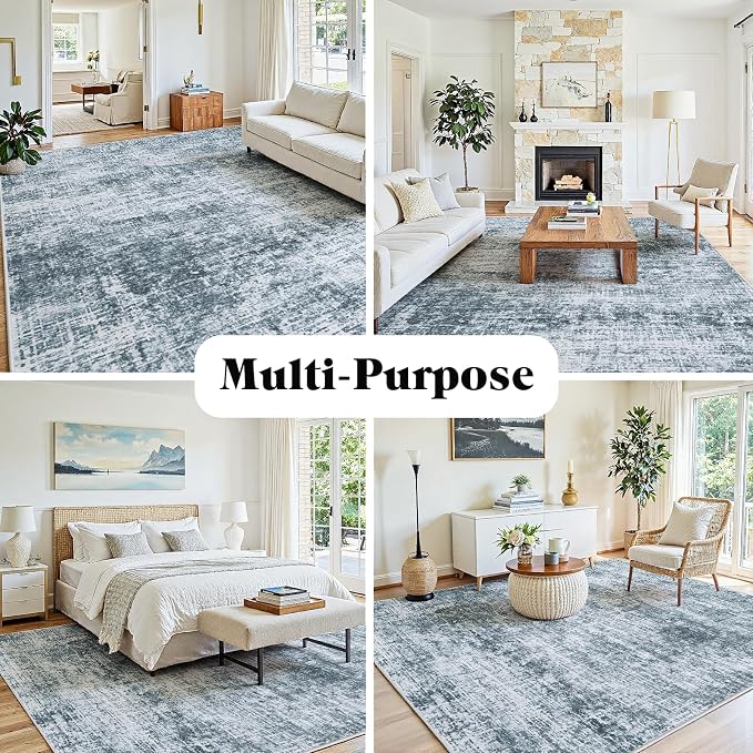 10x14 Area Rug for Living Room Bedroom: Non-Slip Modern Light Slate Blue | - Image 3