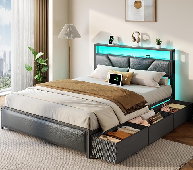 OURPIC Queen Bed Frame, 2-Tier Storage Headboard & 6 Fabric Drawers, PU Leather - Image 9