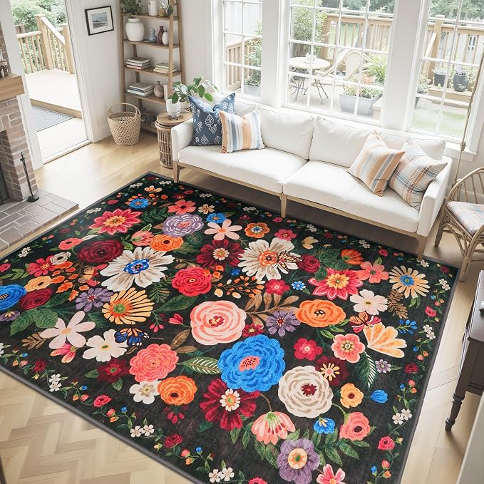 Black Brown Floral Area Rug 8x10 - Image 2