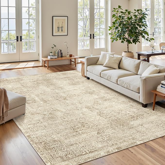 Soalmost 5x7 Area Rugs Light Brown Washable Trendy Faded Style Floral Rugs | - Image 2