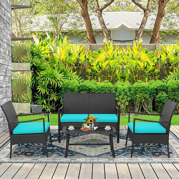 Tangkula 4 Pieces Rattan Conversation Set, Patio Sofa Couch Set - Image 3