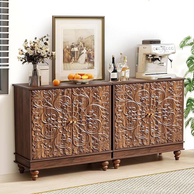 weselon Accent Cabinet with 2 Doors, Farmhouse Carved Buffet Sideboard with - Image 7