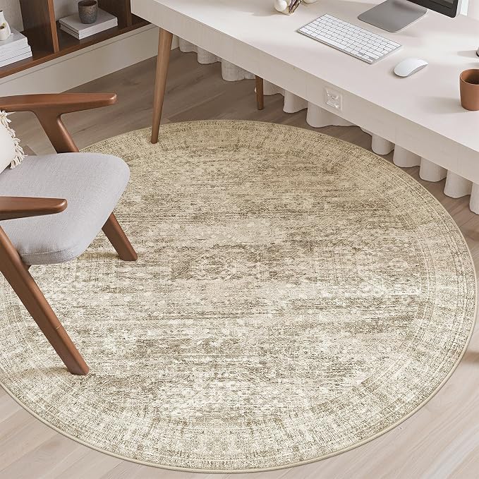 Soalmost 6x6 Brown Round Rug 6ft Circle Living Room Area Rugs Non-Slip | - Image 4
