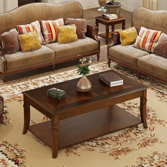 Solid Wood Coffee Table with Storage Shelf, Mid Century Modern Rectangle Coffee - Image 8