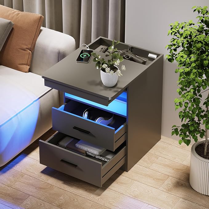 Nightstand with Gun Drawer, Charging Bedside Table with USB & Type-C Port - Image 5