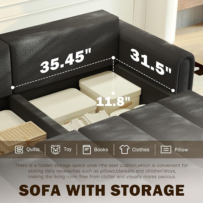 KEIKI 90.2" Modern 3-in-1 Sleeper Sofa Bed – Teddy Fabric 4-Seater Couch - Image 8